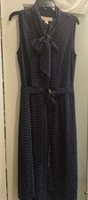 Michael Kors Navy Polka Dot Midi Button-down Shirt Dress, Tie Neck, Pleats Sz: 2