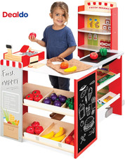 Pretend Play Grocery Store Wooden Supermarket Toy Set for Kids W/Play Food, Chal