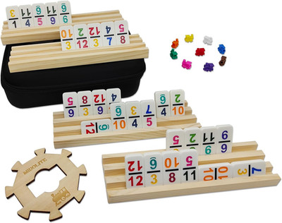Mexican Train Dominoes Set   Double 12, 91 Tiles w/ Wooden Racks & Hub