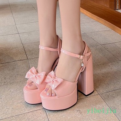 Women's Super High Heels Platform Ankle Strap Sandals Sweet Candy Shoes Bowknot