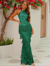 Luxe halter layered fringe sequins party formal wedding evening gown dress