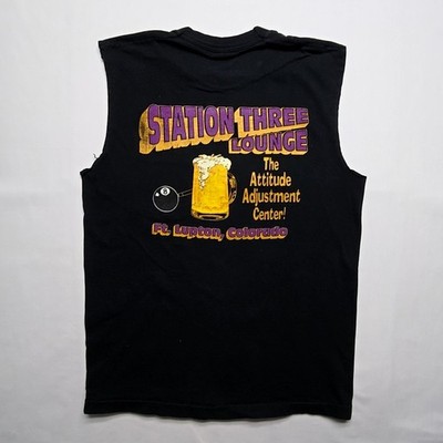 Vintage Station Three Lounge Sleeveless Shirt Ft Lupton CO L Black Cut off Tee 