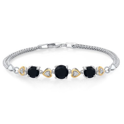 925 Sterling Silver and 10k Yellow Gold Onyx and White Lab Grown Diamond