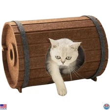 Charming Beer Barrel Cat House - Cozy Felt Peekaboo Cave, Foldable Indoor Bed
