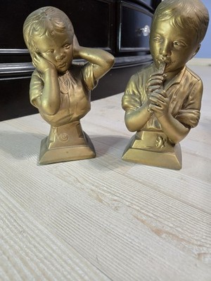 Vintage ESCO Prod Inc E. Villanis Boy & Girl Plaster Bust Statues   Gold Tone