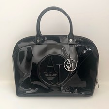 Chic Gloss Black Eco Patent Armani Jeans AJ Logo Bowler Satchel Handbag Y2K Bag