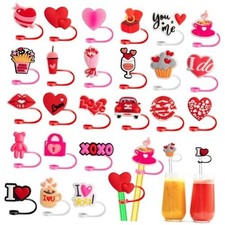 24 PCS Valentine's Day Straw Toppers, 8mm Heart Shaped Straw Cover Cap for