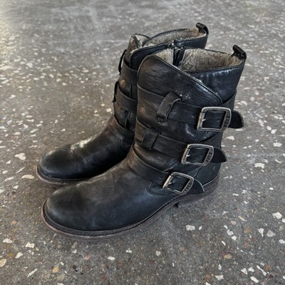 Frye Valerie Women's Strappy Boots Size 9.5 B Black Leather Shearling Motto
