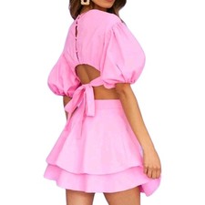 Womens Pink Mini Dress Puff Sleeve Cutout Torso Medium Party Evening Flirty Date
