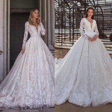 Elegant Ball Gown Wedding Dresses Deep V-neck Long Transparent Lace Sleeves