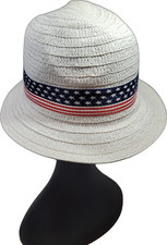 White Faux Straw Bucket Hat Women's One Size Patriotic American Flag Ribbon