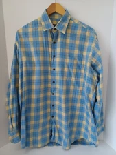 Scott Barber Shirt Men L Blue Yellow Button Down L. Sleeve Plaid Preppy Casual