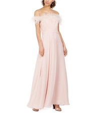 Eliza J Womens Faux Feather Off-Shoulder Gown Dress, blushpink, Petite, 12P
