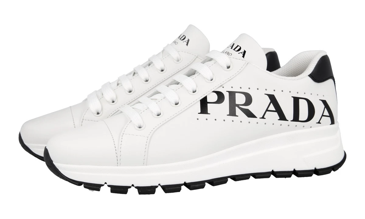 PRADA Leder PRAX Logo Sneaker Schuhe - 1E597M - Weiss Schwarz - NEU - 41 UK 8