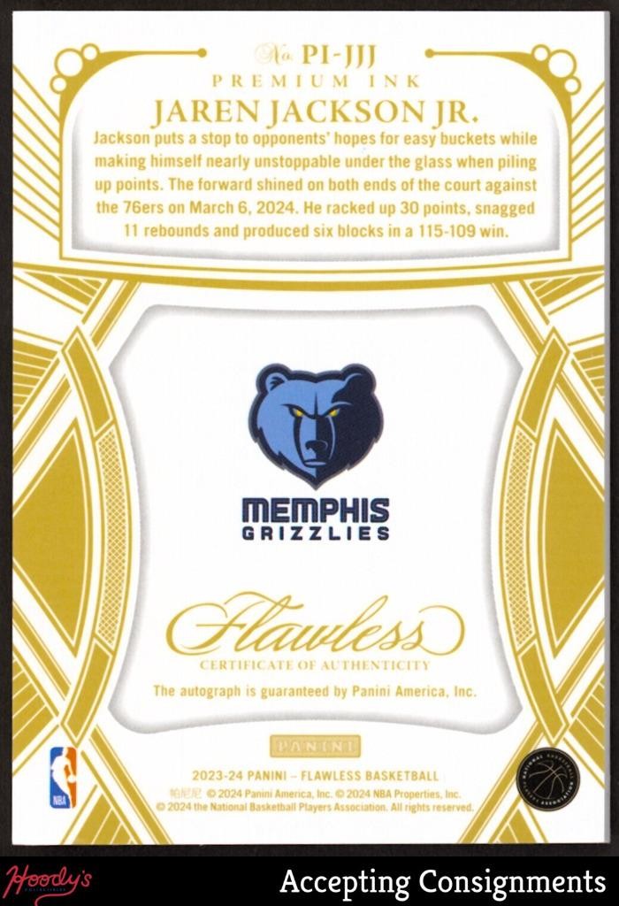 2023-24 Panini Flawless Premium Ink Gold Jaren Jackson Jr. AUTO 07/10 Grizzlies view 2