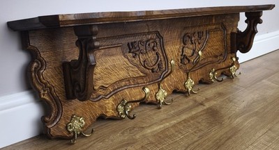 Französische Vintage Garderobe Eiche 6 Haken Wandregal geschnitzt Kleiderbügel LOT 6000