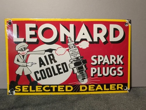 VINTAGE LEONARD SPARK PLUGS PORCELAIN SIGN  Excellent Condition