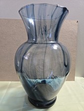 Smoky Blue Swirl Art Glass Vase 11  Tall Flared Rim Modern Hand Blown.