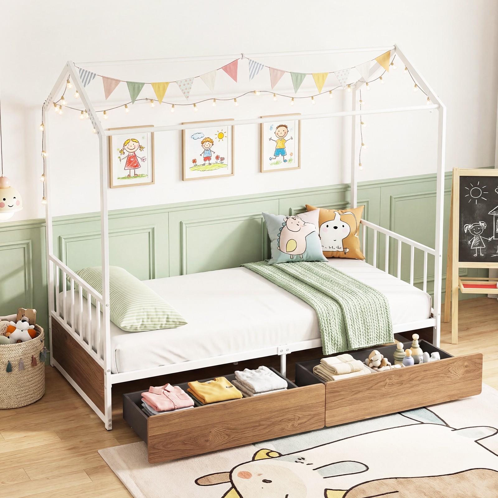 DONEWELL Kids Single Bed Frame - White House-Shaped Bed with Underbed Storage Drawers Mattress Size:90x190cm(Mattress Not Included) 23 Kids House-shaped Bed Frame Single Size House Bed