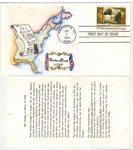 MILLE HANDPAINTED FDC 2052 USA FRANCE TREATY OF AMERICA & TEXT CARD