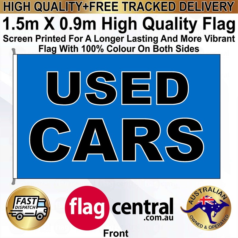 A - USED CARS - Blue - 1.5m x 0.9m High-Quality Screen-Printed Flag - 1