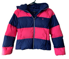 Polo Ralph Lauren Girl's Zip Puffer Jacket Size L 12-14 Pink Navy Stripe READ