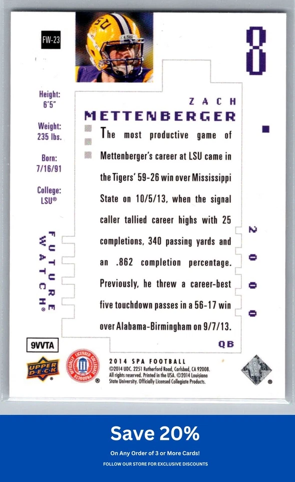 Zach Mettenberger 2014 SP Authentic #FW-23 Future Watch Rookie LSU Tigers K18 - Image 2 of 2