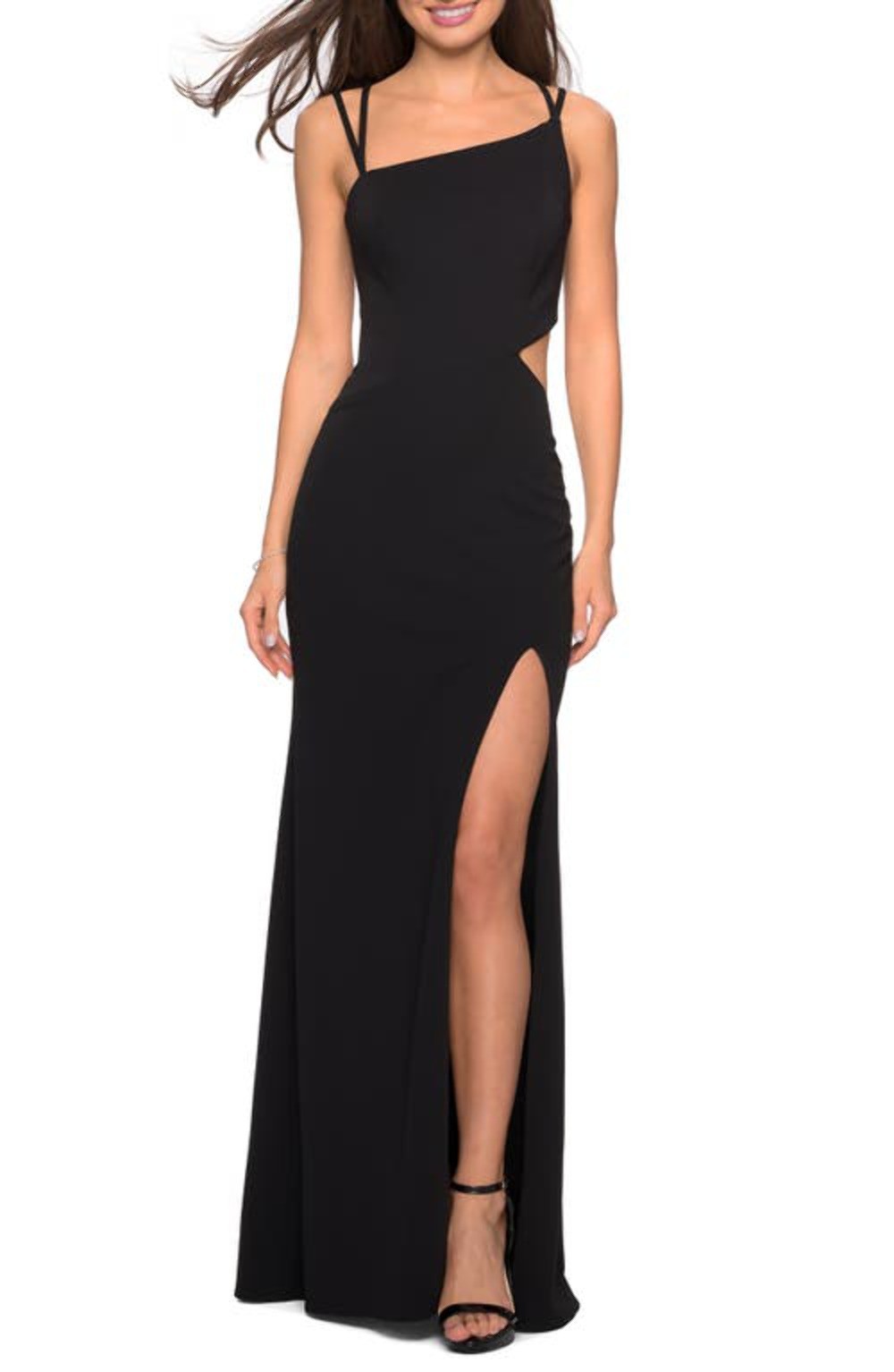 La Femme High Slit Strappy Back Gown in Black, Size 2