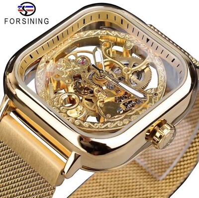 Forsining Mens Automatic Mechanical Skeleton Mesh Watch Great Gift Idea