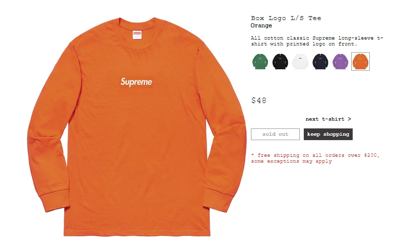 Tee shirt orange manches longues logo L/S Supreme Box taille LARGE FW20