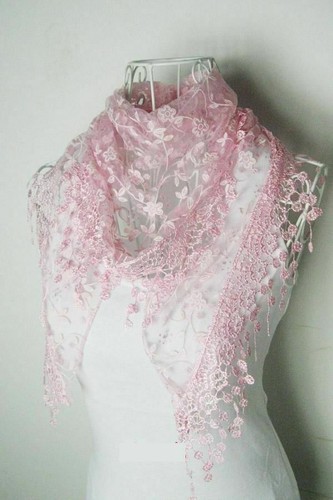 Yellow Lace Tassel Sheer Metallic Burnt-out Floral Print Triangle Scarf Shawl - Picture 15 of 37