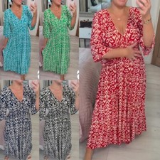 Women Summer Beach Sundress V Neck Long Ladies Holiday 3/4 Sleeve Maxi Dress