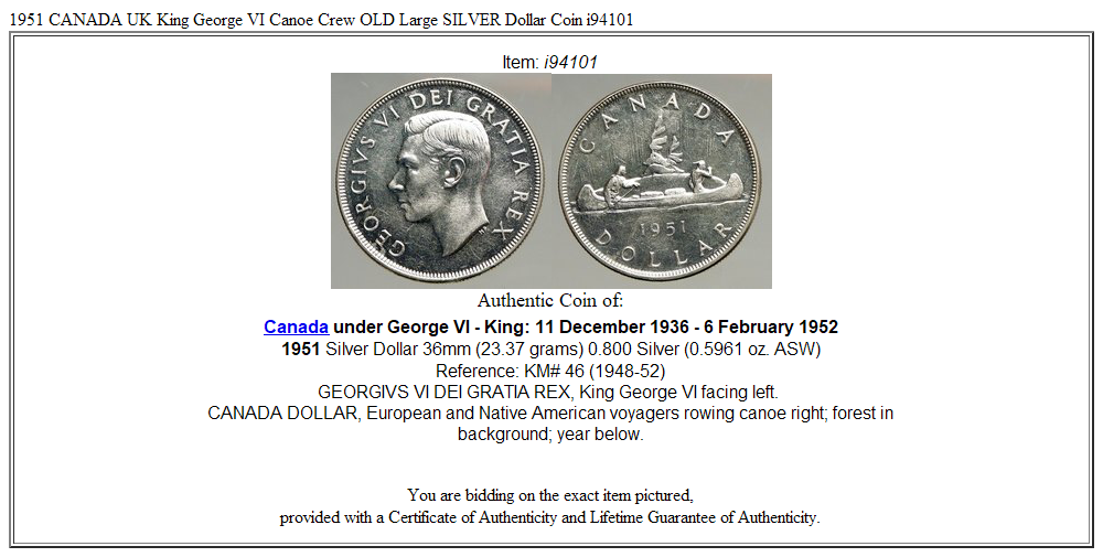 1951 CANADA UK King George VI Canoe Crew OLD Large SILVER Dollar