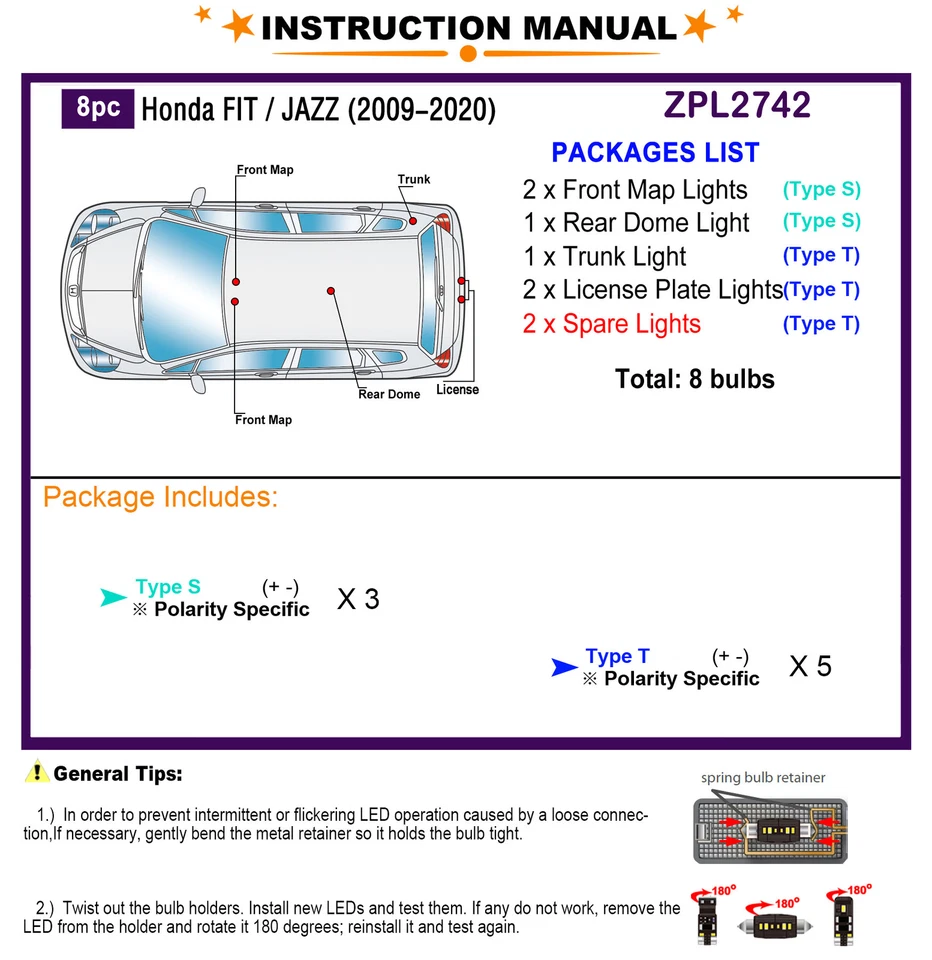 Kit de luces LED interiores para Honda Fit Jazz 2009-2020 bombillas LED domo blancas Foto 2 de 4