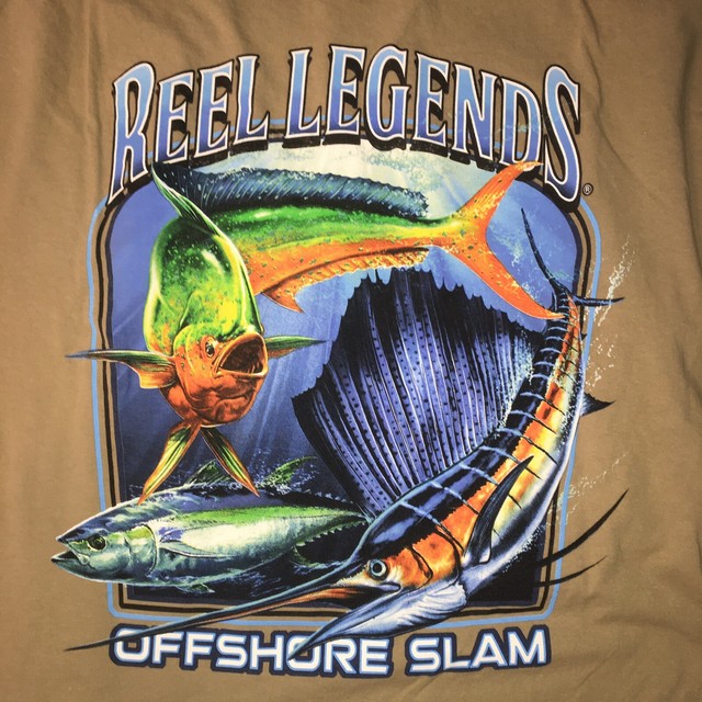 Reel Legends Long Sleeve Beige Gamefish Graphics Fishing T Shirt Sz. XL