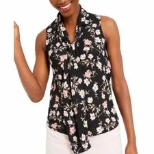 New Bar III Women Sleeveless Black Floral-Print Tie-Neck Bow Blouse, Small