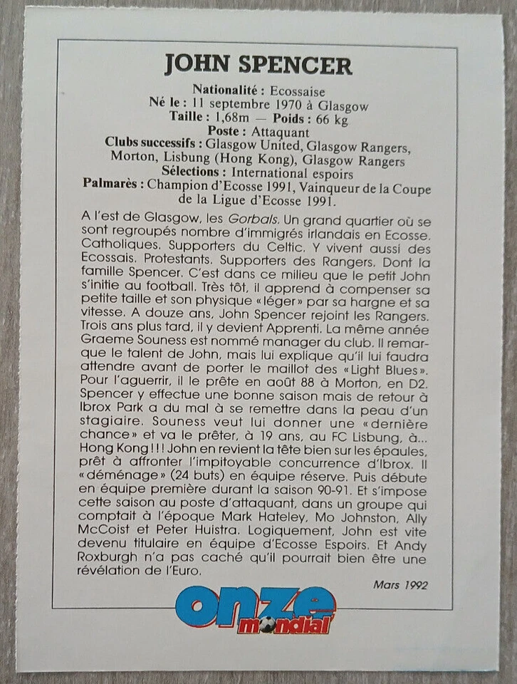 fiche Onze Mondial card JOHN SPENCER Glasgow Rangers Ecosse Football foot - Photo 2/2