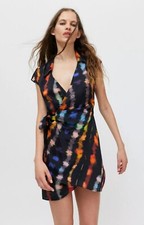 Urban Outfitters Women Colored Printed Silver Sun Mini Tie Wrap Dress Sz M New