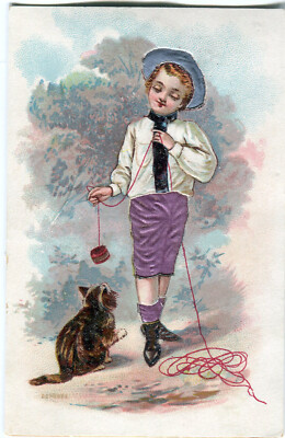 Glanzbilder Oblaten scraps Litho Prägekarte Seide Junge Katze 12,8 cm