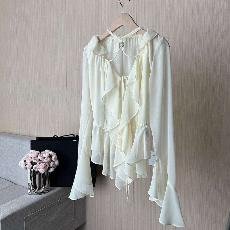 Lady Chiffon Ruffled Shirt Flared Sleeve Blouse Lace Up