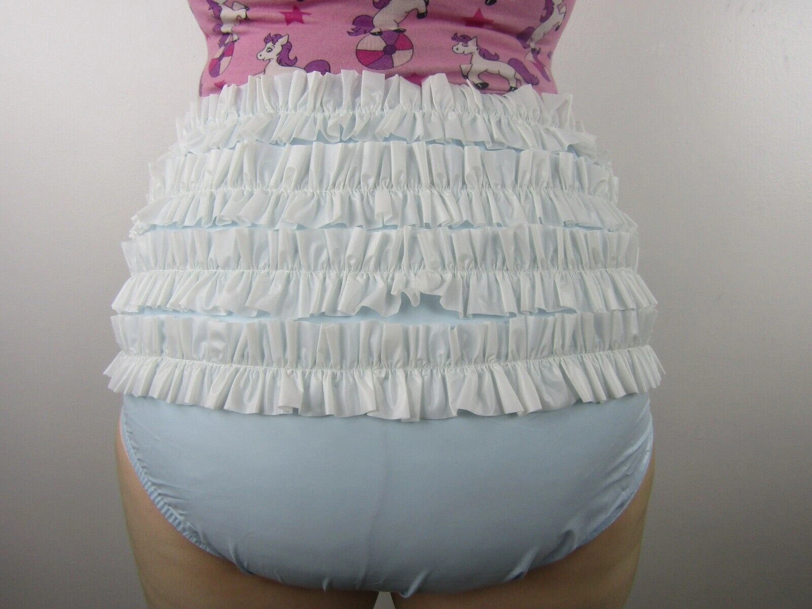 BABY BLUE with WHITE frills PVC Plastic Pants Adult DIAPER NAPPY Incontinence