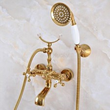 Luxury Gold Brass Wall Mounted Clawfoot Bathroom Tub Faucet w/ Handheld Shower