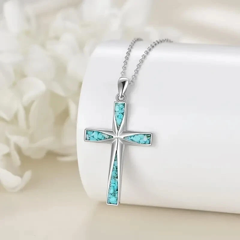 Collar Colgante Cruz Turquesa Plateado Azul Moda Hombres Mujeres Único Nuevo Foto 3 de 4