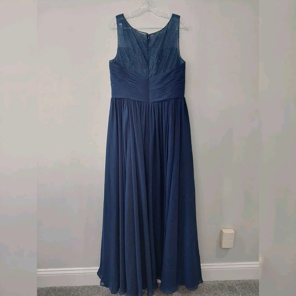 Azazie Formal Dress size 12 navy blue chiffon flowly lace top bridesmaid prom - Image 2 of 4