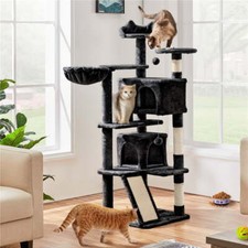 57"H Double Condo Cat Tree with Scratching Tower for Indoor Cats, Black