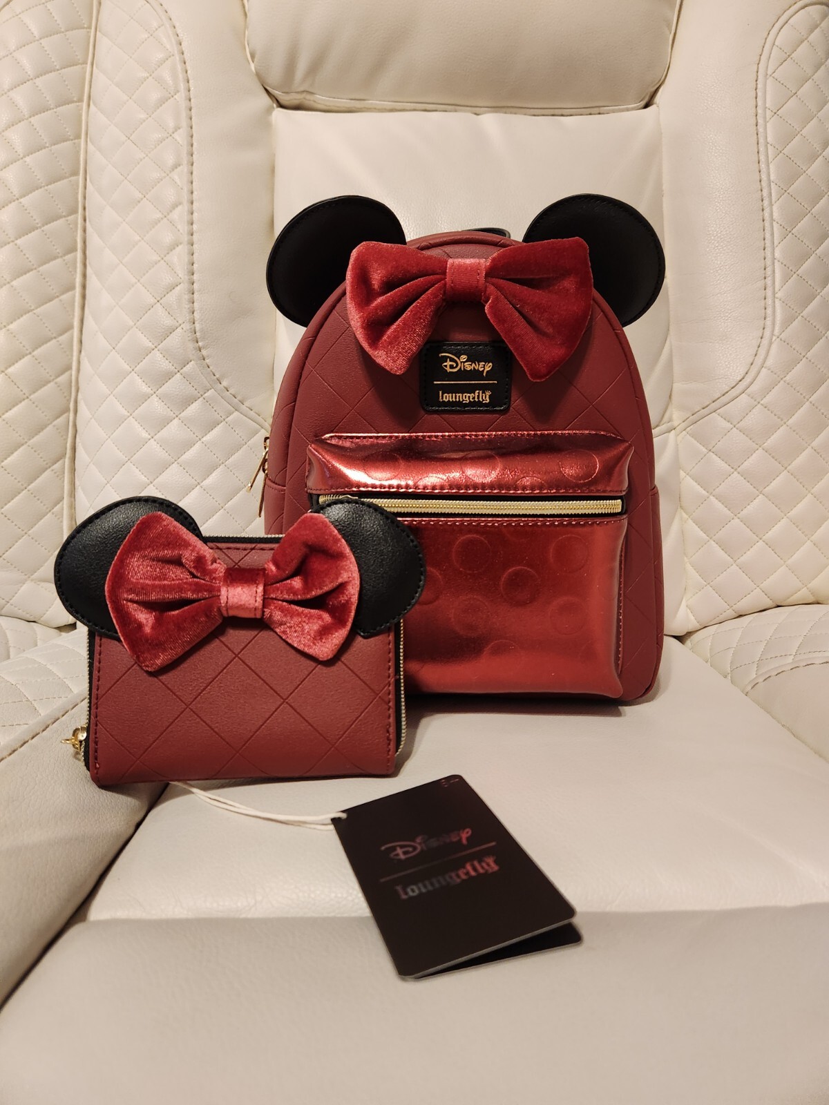 Loungefly Disney Minnie Mouse Burgundy Velvet Bow Mini Backpack & Wallet Set