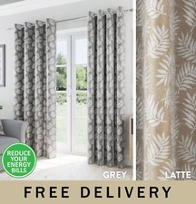 Oakland Leaf Print Thermal Blockout Eyelet Readymade Curtain Pair - Grey / Latte