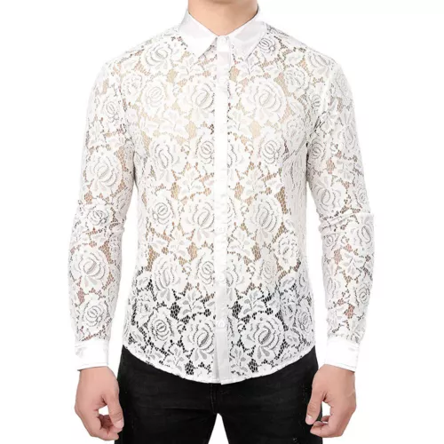 T-shirt maglietta uomo maglia pizzo trasparente floreale trasparente con bottoni nuova moda - Foto 13 di 14