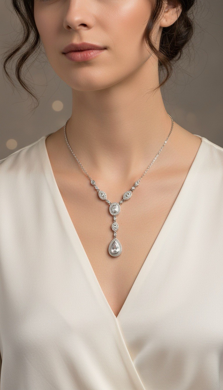 $95 Nadri Cubic Zirconia And Pave Crystal Rhodium Necklace #56