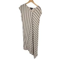 Tahari Linen Striped Asymmetrical Midi Dress Beige Black Size M Lagenlook Artsy